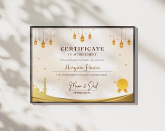 Personalised Ramadan Achievement Certificate, First Fast, Quran Completion (Digital Download)