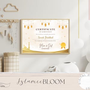 May include: A gold certificate of achievement with a mosque silhouette and Islamic lanterns. The certificate is presented to Sarah Haddad for completing a fast in Ramadan 2023. The certificate is signed by Mom & Dad.