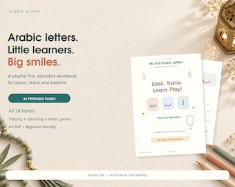 Arabic Alphabet Workbook for Kids | 36 Pages of Tracing, Coloring, Letter Games (Digital Download)
