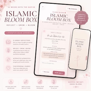 May include: A digital Islamic Bloom Box interface displayed on a tablet and smartphone, featuring 52 weeks of Qur'an reflections, interactive prompts, and space for personal notes. The design uses a soft pink colour palette with floral accents.