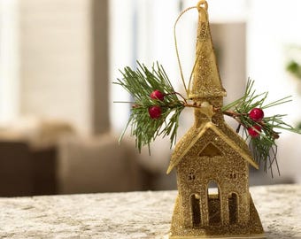 Vintage Christmas Village Putz House Church Ornament Gold Glitter Mid Century Holiday Decor