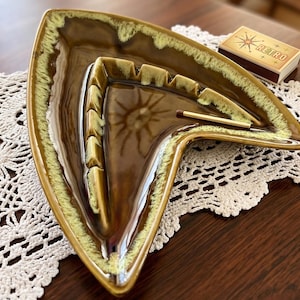 Mid Century Modern Boomerang Ashtray | Vintage Drip Glaze Pottery Catchall Dish | Retro 1960s Brown & Yellow Ceramic | Atomic Era Decor