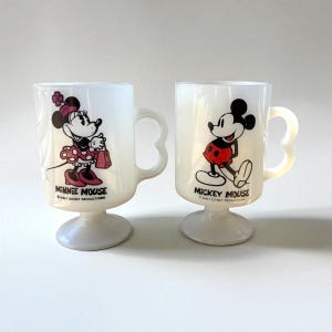 Vintage Disney Mickey & Minnie Mouse Milk Glass Pedestal Mugs Set | 1970s Fire-King Style Collectible Walt Disney Productions Cups