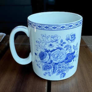 Vintage Blue and White Floral Mug | Transferware Coffee Cup | Blue and White Chinoiserie Tea Mug | Cottagecore Kitchen Décor
