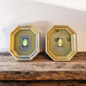 Vintage Goldgerahmt Glas Porzellan Cameo Antike Achteck förmige Wand Kunst Dekor Maximalismus Stimmungsvoll Jugendstil