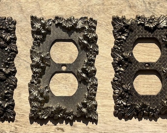 Vintage Ornate Floral Outlet Cover Plates Set of 5 | Dark Brass Antique Metal Wall Plate | Victorian Cottagecore Grandmillenial Decor