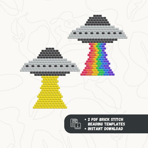 Op de afbeelding: Twee PDF-steekpatronen voor kralen in de steeksteek voor het maken van een UFO met een regenboogstraal en een UFO met een gele straal. Direct downloaden.