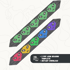 May include: Two PDF loom beading templates for creating bracelets with colorful pixelated hearts. The templates feature different color combinations, including green, purple, blue, yellow, and red.