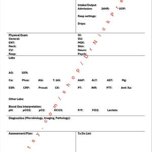 Puede incluir: Un formulario médico en blanco con encabezados para la información del paciente, signos vitales, examen físico, análisis de laboratorio, interpretación de gases en sangre, diagnósticos, evaluación y lista de tareas.