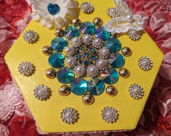 Yellow aqua crystal butterfly silk flower hexagon shaped Keepsake Box with Earring set, birthday gift for her, gift box, Mom Gift, Gift Idea