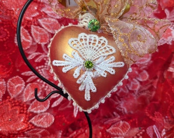 Shabby Chic Copper Colored with Green Crystal Heart Collectable Ornament, Heart ornaments,Red glossy heart Ornament,glass Christmas ornament