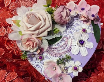 Purple Heart Shaped Keepsake Box Roses and Lace with Earrings,  Romantic Gift for Her, Gifts for Wife, Mother's Day Gift, Gift For Friend