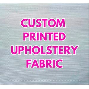Puede incluir: Un fondo gris con un borde blanco y el texto "CUSTOM PRINTED UPHOLSTERY FABRIC" en rosa.