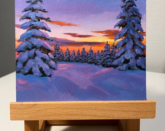 Petite peinture acrylique originale d'hiver, de neige et de coucher de soleil, oeuvre d'art originale, sur carton 15 x 15 cm