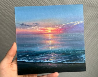 Small Original Oil Painting of Sunset and Sea on cardboard 6x6 inches