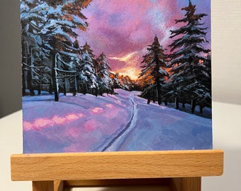 Original Small Acrylic Painting of Winter, Snow and Sunset, Original art, on cardboard 6x6 inches