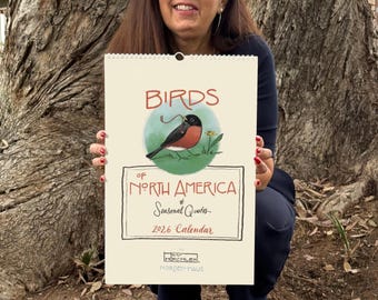 Calendario da parete con uccelli 2026-2027 / Illustrazioni naturalistiche ad acquerello, citazioni scritte a mano / Regalo per gli amanti degli uccelli del Nord America