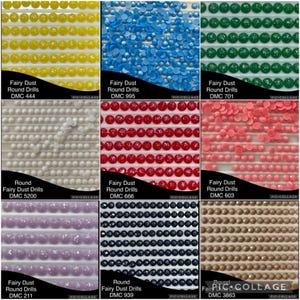 May include: A collection of nine square panels displaying various colours of round Fairy Dust drills for diamond painting. Each panel features specific DMC colour codes including 444, 995, 701, 5200, 666, 603, 211, 939, and 3863, arranged in neat rows.