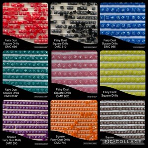 May include: A collage of nine square diamond painting drills in various colours. The colours include red, black, blue, teal, pink, yellow, purple, orange, and brown. Each colour is labelled with "Fairy Dust Square Drills" and a DMC number.