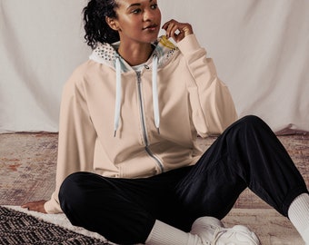 Women's Pink Printed Zip Hoodie, Pink Printed Zip Hoodie, Pink Jacket, Athleisure Wear, Relaxed Fit Hoodie, Streetwear, Recycled Polyester.