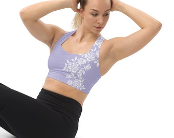 Pale Lilac Longline Sports Bra, White Rose Motif, Pale Lilac Sports Bra, Athleisure Wear, Gym Wear, Street Wear, Compression Fabric.