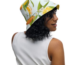Citrus Printed Reversible Bucket Hat, Lemon Print Bucket Hat, Orange Print Bucket Hat, Yellow and White Hat