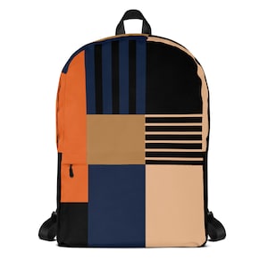 Sac à dos color block bleu marine, orange, noir, rentrée des classes, sac à dos résistant à l'eau, sacs à dos tendance, sacs à dos pour enfants, sacs à dos pour adultes.