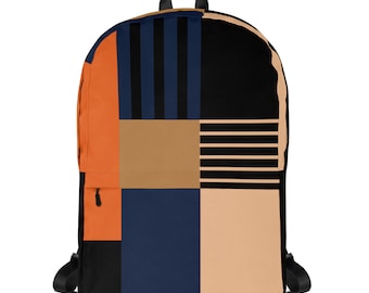 Navy Orange Black Color Block Backpack, Back To School, Water Resistant Backpack, Trending Book Bags, Kids Backpacks, Adult Backpacks.