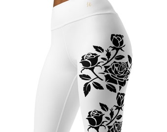 White Yoga Leggings with Black Rose Motif, White Yoga Leggings, Fashion Leggings, Trendy Leggings, Workout Wear, Athleisure Wear.