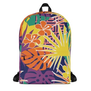 Sac à dos jaune violet orange à imprimé tropical, cartable au look tropical, cartables d'école, sacs à dos durables, sacs résistants à l'eau, cartables.