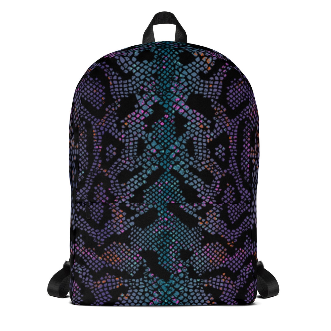 Snake Pattern Backpack Purple Black Snake Print Backpack, Purple Book Bag, Snake Print School ...
