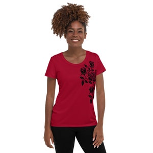 Dark Red Athletic T-shirt with Black Rose Motif, Women&#39;s Printed T-Shirt with Mesh Fabric, Black T-Shirt, Women&#39;s T-Shirts, Athleisure Wear.