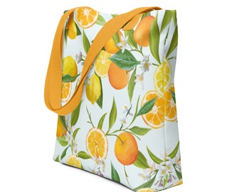Citrus Printed Tote bag, Lemon Print Bag, Orange Print Bag, Yellow and White Bag, Tote Bags, Shopping Bags, Yellow Tote Bag, 15”x15”