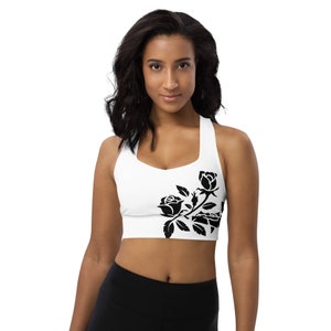 White Longline Sports Bra with Black Rose Motif, White Sports Bra, Fashion Sports Bra, Longline Sports Bra, Workout Wear, Athleisure Wear.