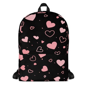 Sac à dos noir avec coeurs roses, sac à dos résistant à l'eau, sacs de livres tendance, sac à dos pour fille, sacs à dos pour enfants, sacs d'école, sacs de livres.