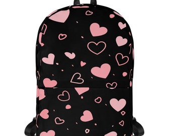 Black Backpack with Pink Hearts,  Water Resistant Backpack, Trending Book Bags, Girls Backpack, Kids Backpacks, School Bags, Book Bags.