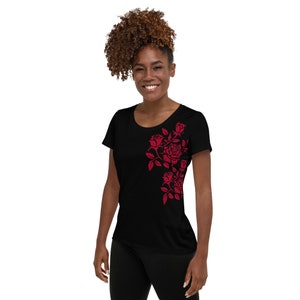 Women’s Black Athletic T-shirt with Dark Red Rose Motif, Printed T-Shirt with Mesh Fabric, Black T-Shirt