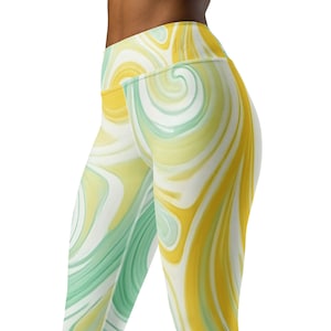 Yellow, Green and White Printed Yoga Leggings, Yellow Leggings, Mint Green Leggings, Yoga Leggings, Workout Clothes, Gym Clothes, Athletic