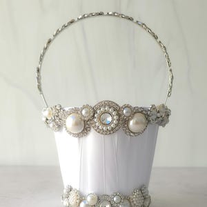 Flower girl basket Brooch Rhinestone Flower Girl basket White Floral Basket Flower Girl basket