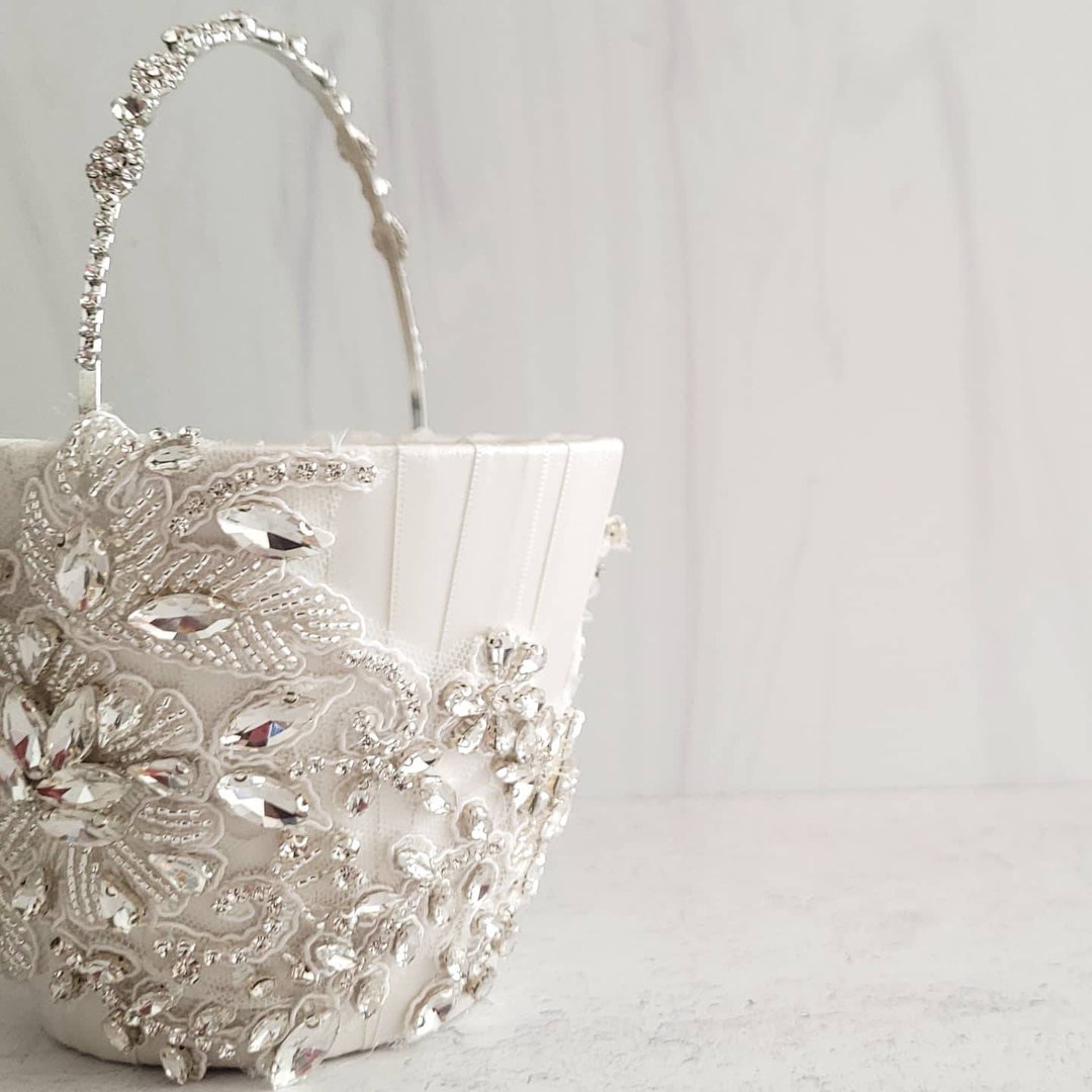 Elegant Flower Girl Basket w/ Two-Tier Rosettes & Rhinestones