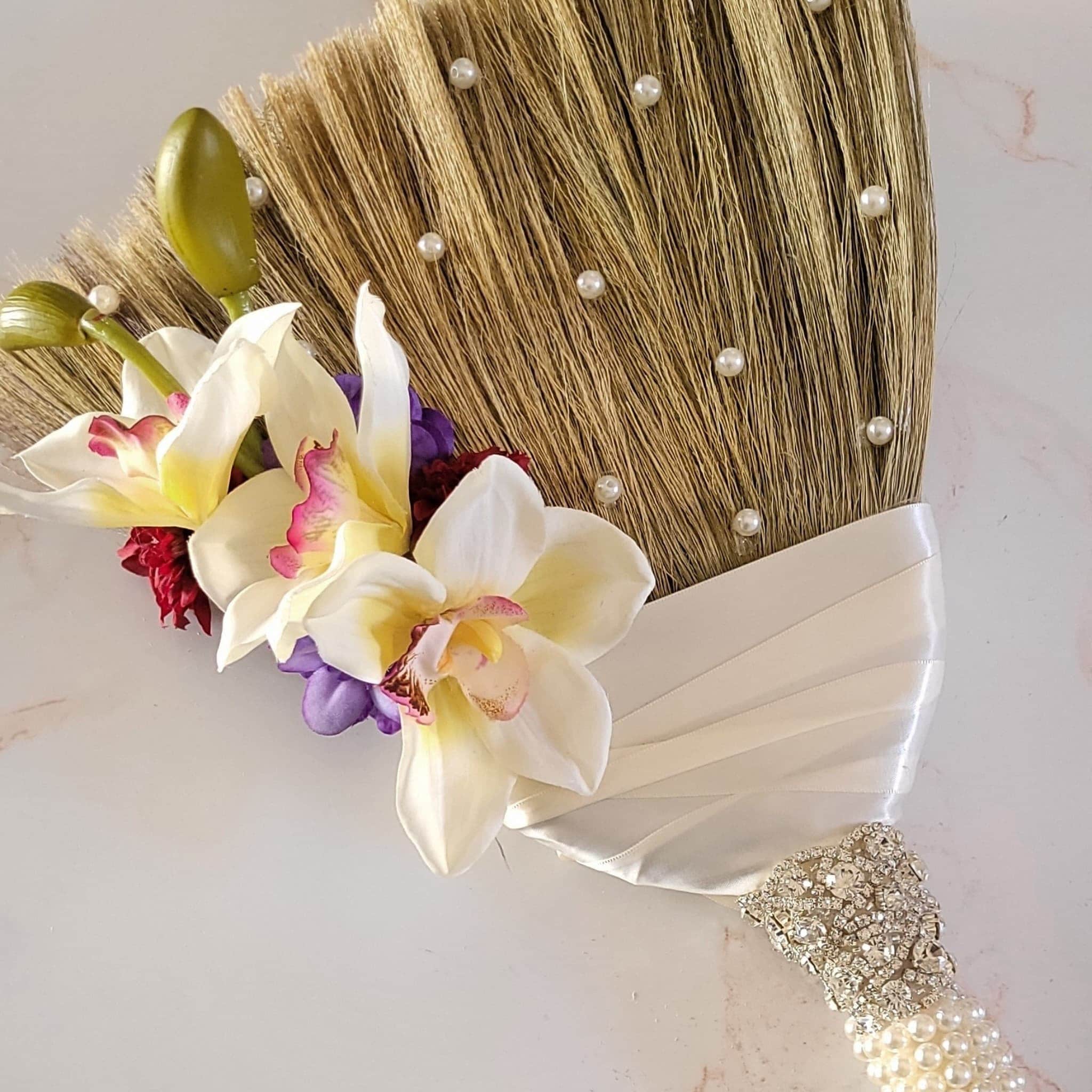 SISIMER Wedding Brooms For African Jumping Ceremony, Decorative Brooms DIY Wedding Decor, White Tulle Accents With Pearl Blue Ribbon