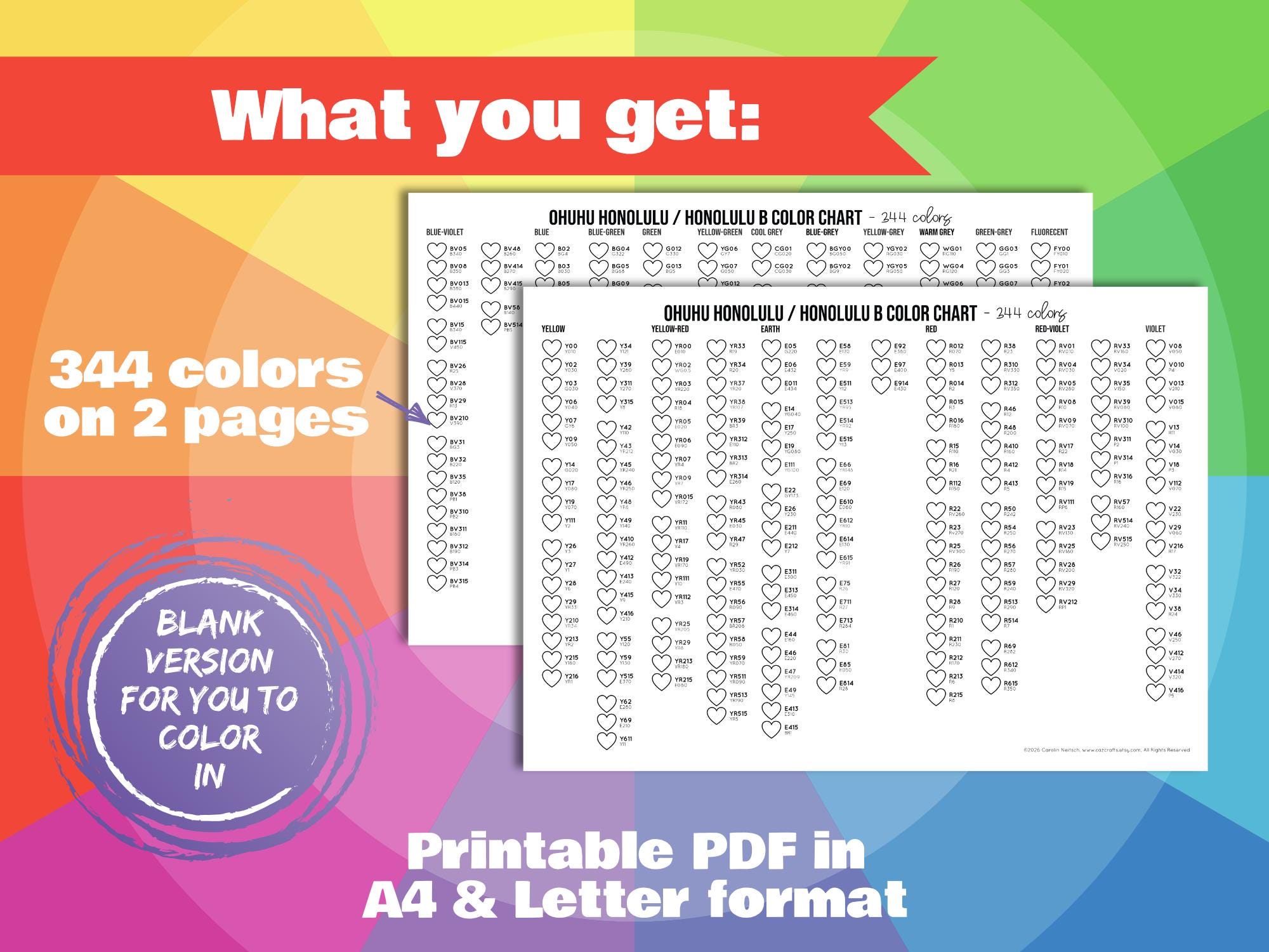 Ohuhu Honolulu 344 Color Swatch Chart | Heart-shaped Marker Swatches ...