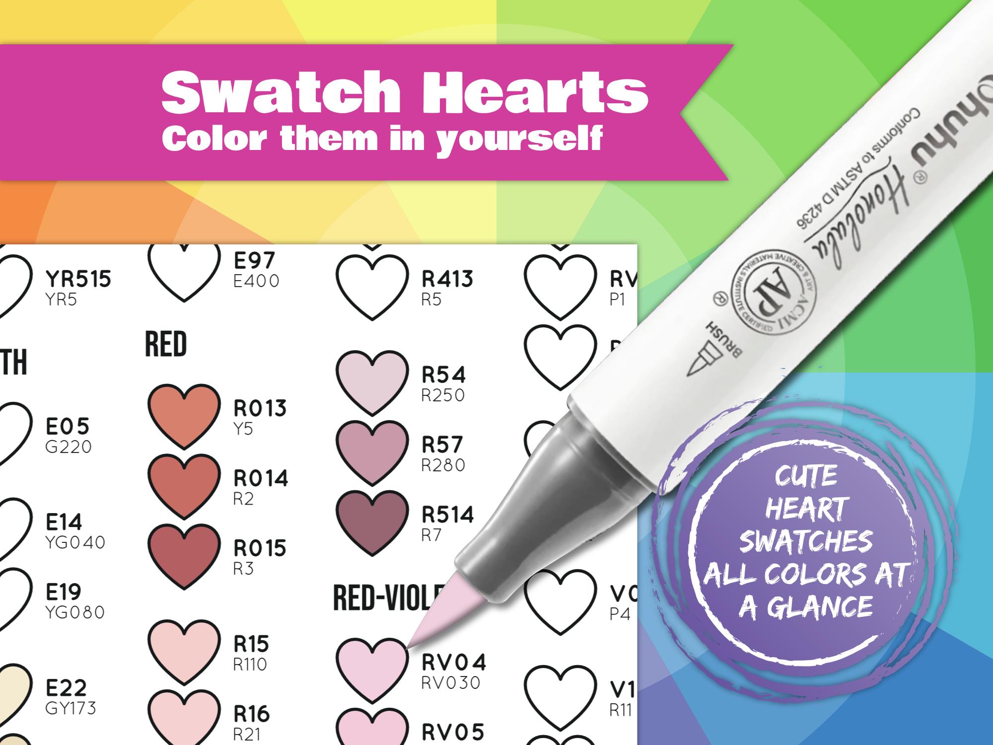 Ohuhu Honolulu 216 Color Swatch Chart | Heart-shaped Marker Swatches ...