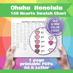 May include: A white Ohuhu Honolulu 168 Hearts Swatch Chart printed on paper. The chart features rows of heart outlines with corresponding color codes. A circular magnifying overlay highlights specific pink and red heart swatches and codes.