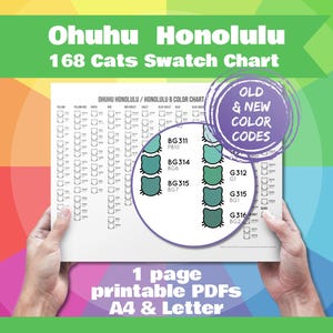 Könnte beinhalten: Eine weiße Ohuhu Honolulu 168 Cats Swatch Chart Farbkarte auf Papier. Die Karte zeigt Spalten mit katzenförmigen Umrissen zum Testen von Farben, mit einem kreisförmigen Overlay für alte und neue Farbcodes. Text: Ohuhu Honolulu 168 Cats Swatch Chart, Old & New Color Codes, 1 page printable PDFs A4 & Letter.