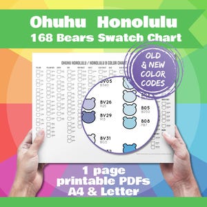 Op de afbeelding: Een witte Ohuhu Honolulu 168 Bears kleurenkaart gedrukt op papier. De kaart bevat rijen met kleine beer-vormige iconen voor het testen van kleuren, met een cirkelvormige vergrotende overlay die kleurcodes toont. Tekst bevat Old & New Color Codes.