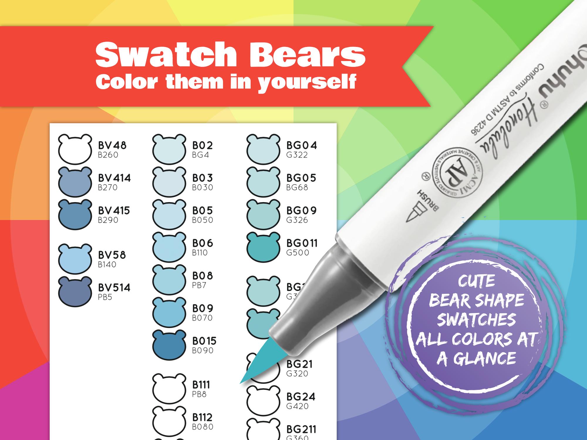 Ohuhu Honolulu 344 Color Swatch Chart | Bear-shaped Marker Swatches ...