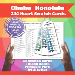 Könnte beinhalten: Ohuhu Honolulu 344 Herz-Farbmusterkarten mit Farbnamen und -codes. Die Karten werden von Händen gehalten und enthalten 40 Farbmusterkarten, leere Karten und druckbare PDFs in A4- und Letter-Größe. Die Farbmuster sind herzförmig.