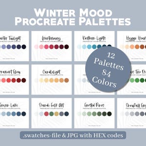 May include: Digital Procreate color palettes with a winter theme. The image shows 12 palettes with 84 colors, including names like "Winter Twilight" and "Northern Lights". Each palette features a series of color swatches. The image also includes the text ".swatches-file & JPG with HEX codes."