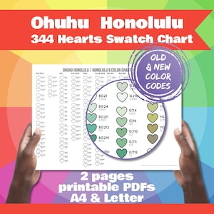Ohuhu Honolulu 344 Color Swatch Chart | Heart-Shaped Marker Swatches | Old and New Color Codes | A4 & Letter PDF